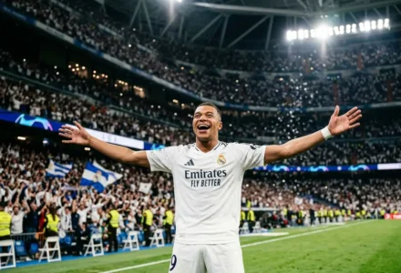 Kylian Mbappé célèbre sur le terrain du stade, bras ouverts, maillot blanc Real Madrid, ambiance festive et tribunes pleines. Analyse match mbappé statistiques possible.