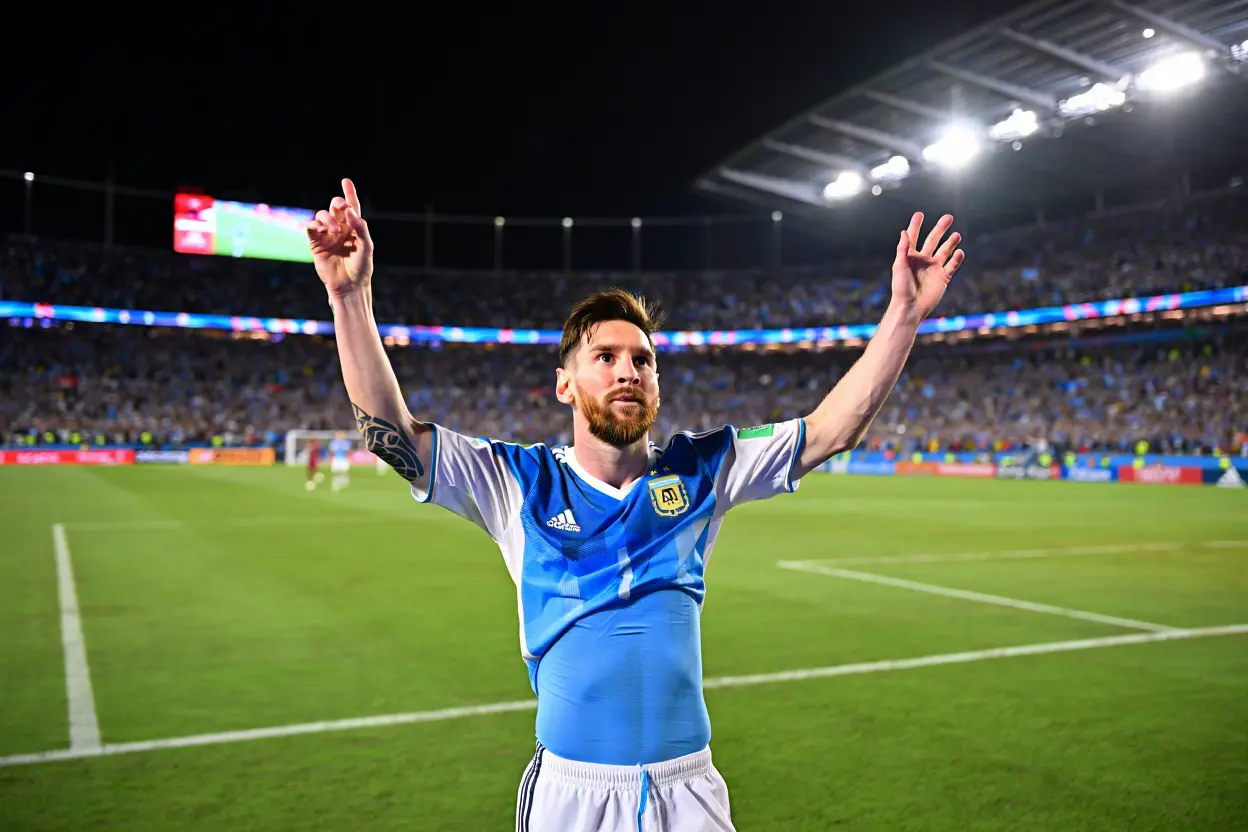 Lion de l’Argentine célébrant sur le terrain après le match, bras levés, maillot bleu et blanc, stade plein en arrière-plan. résultat argentine égypte évoqué.