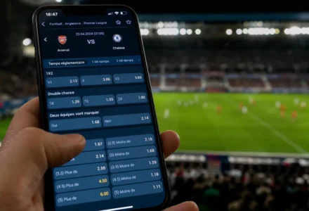 Main sujet : une main tenant un smartphone affichant des cotes de match en direct dans un stade de football animé. Inclure le mot-clé: pronostic grosse cote foot.