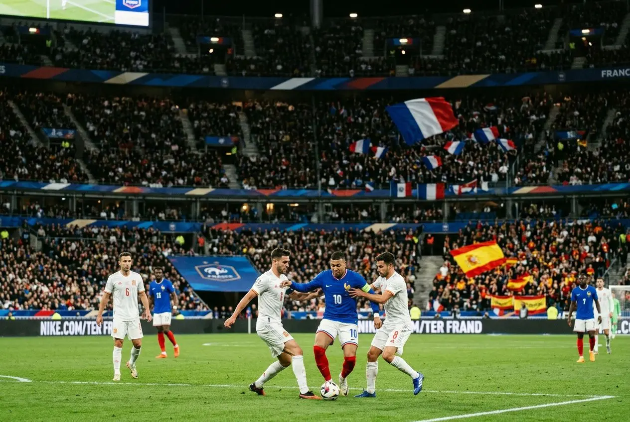 Match de football franco-espagnol avec joueurs en action: un joueur bleu contrôle le ballon entouré de défenseurs blancs dans un grand stade.