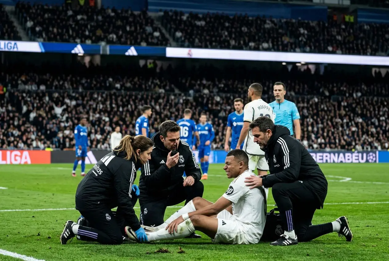 Mbappé blessure : Kylian Mbappé sort blessé entouré par des accompagnants sur le terrain, l’inquiétude monte après la suppression.