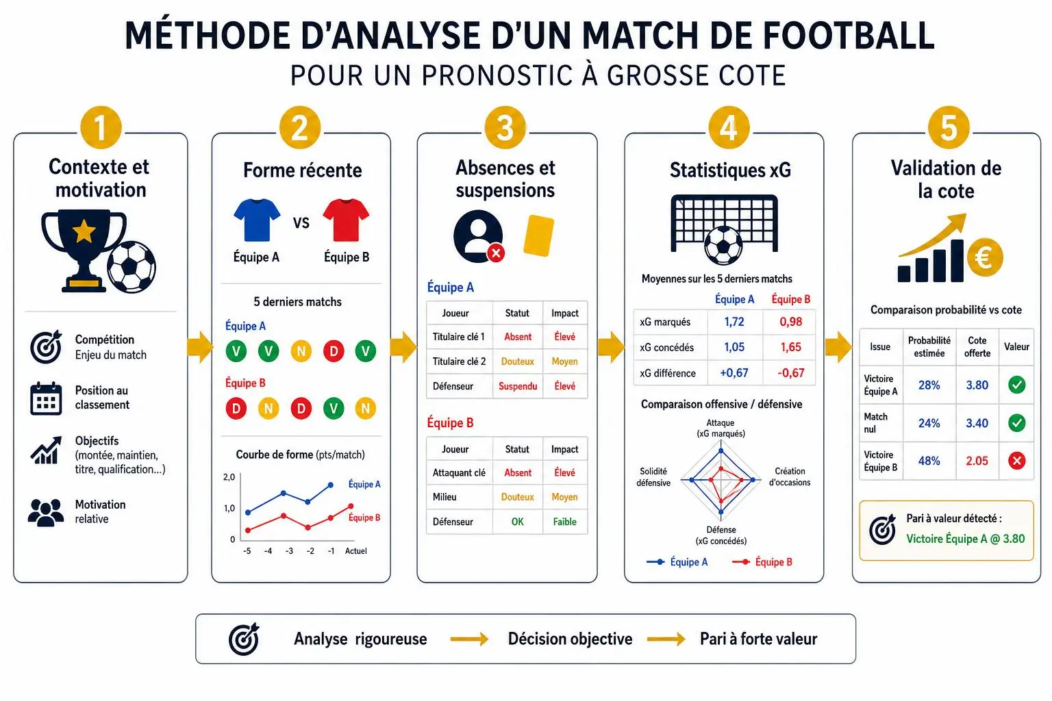 Méthode d’analyse d’un match de football : cinq étapes pour un pronostic grosse cote foot, avec conseils d’experts.