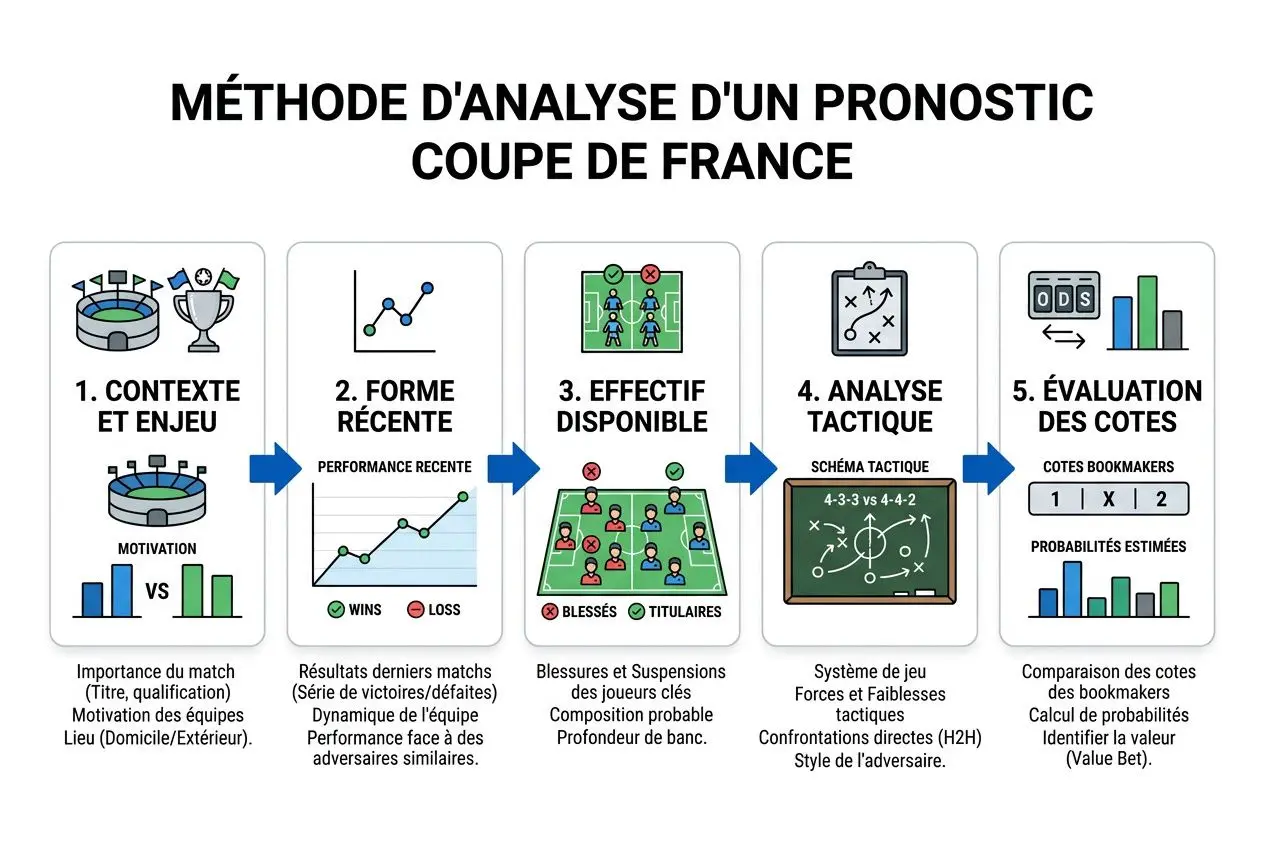 Méthode d'analyse d'un pronostic coupe de france : étapes, contexte, effectif disponible et évaluation des cotes détaillée.