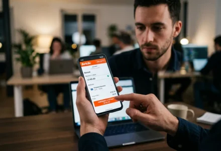 Personne tenant un smartphone affichant Betclic et proposant un retrait, sur fond de bureau. intégration du mot-clé: comment retirer l'argent gagné sur betclic.