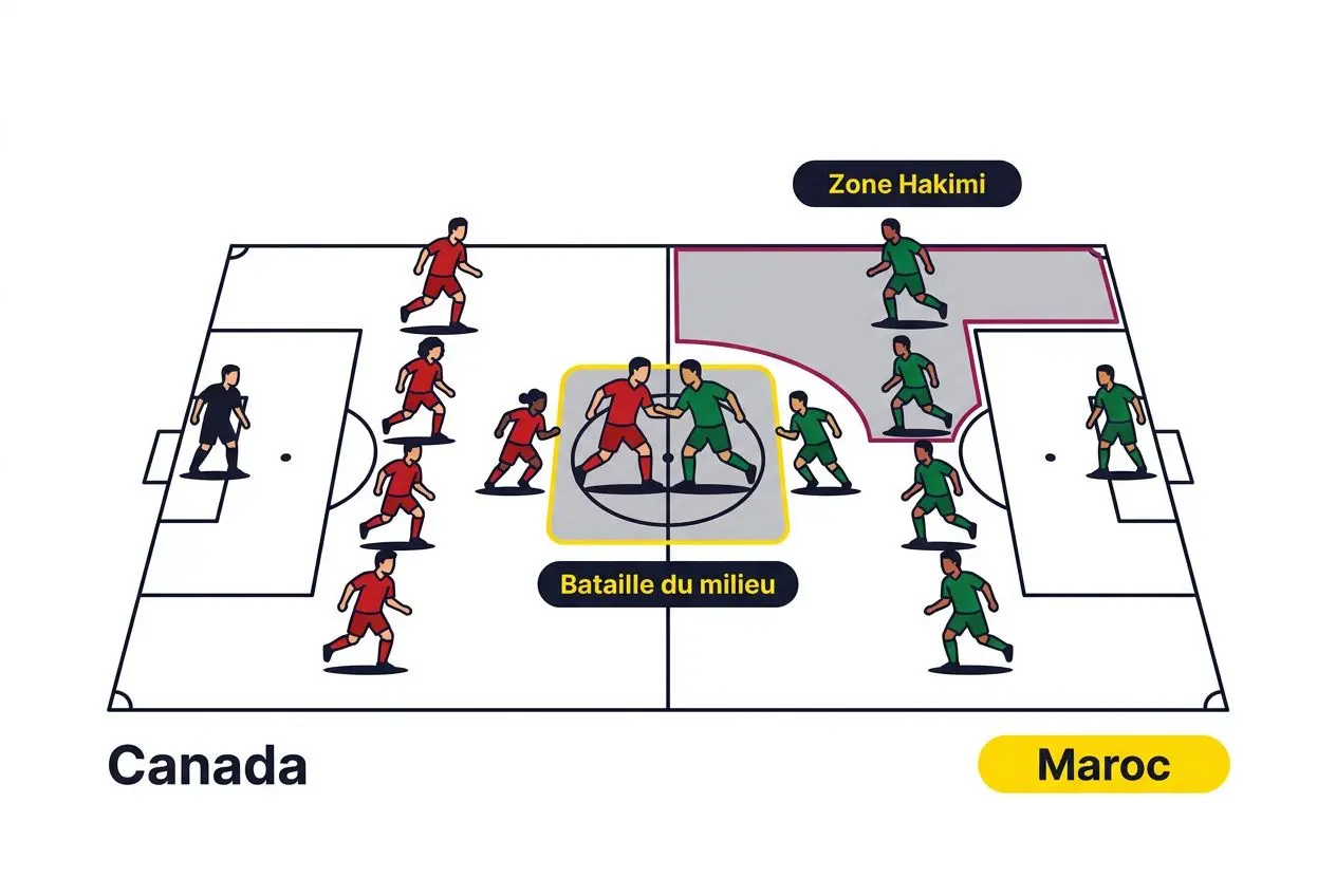 Plan du terrain de football montrant une action au milieu avec joueurs rouges et verts, zones éclairées, et étiquettes Zone Hakimi et Bataille du milieu. Canada et Maroc indiqués sur le dessin. Intègre le mot-clé portugal espagne pronostic de manière naturelle si possible dans la description.