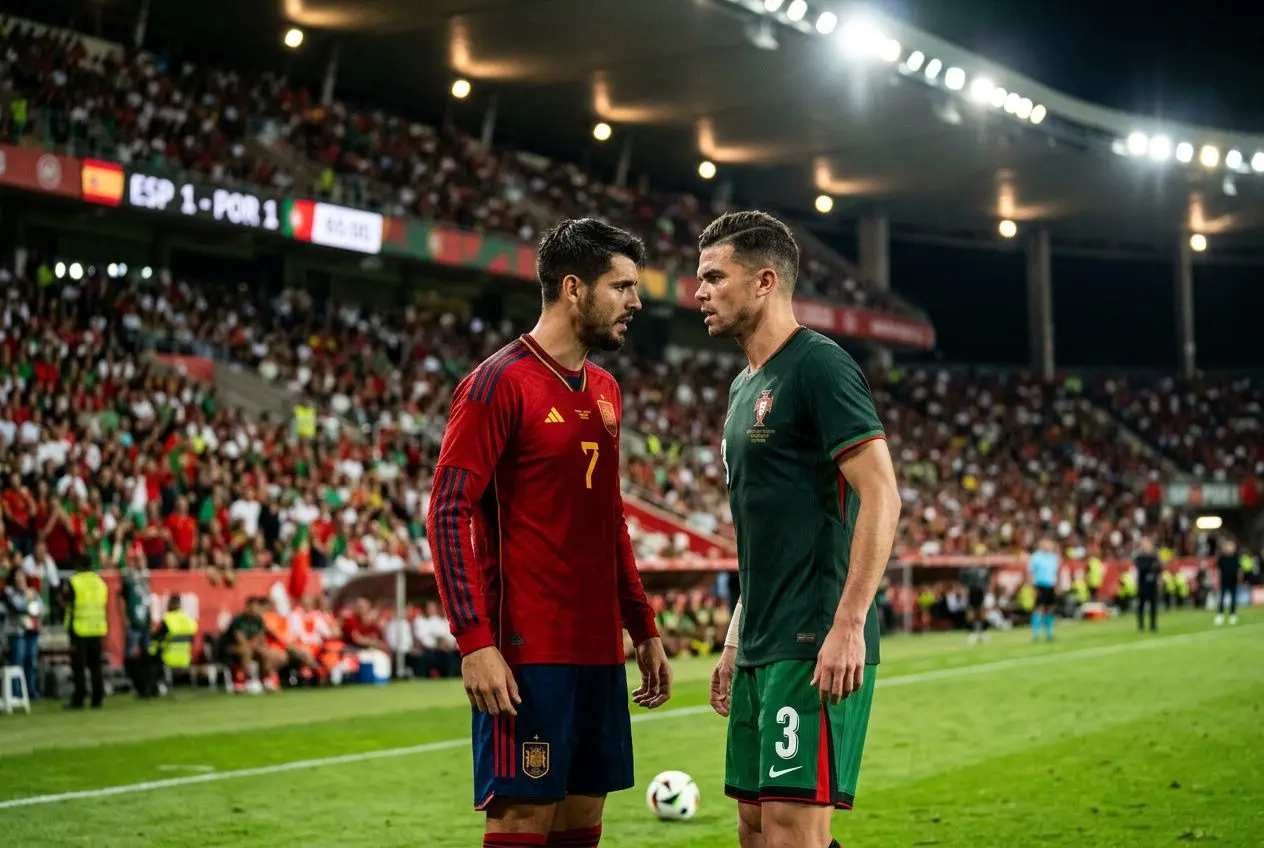 Portugal Espagne pronostic : deux joueurs se font face sur le terrain, ambiance finale et regards déterminés.