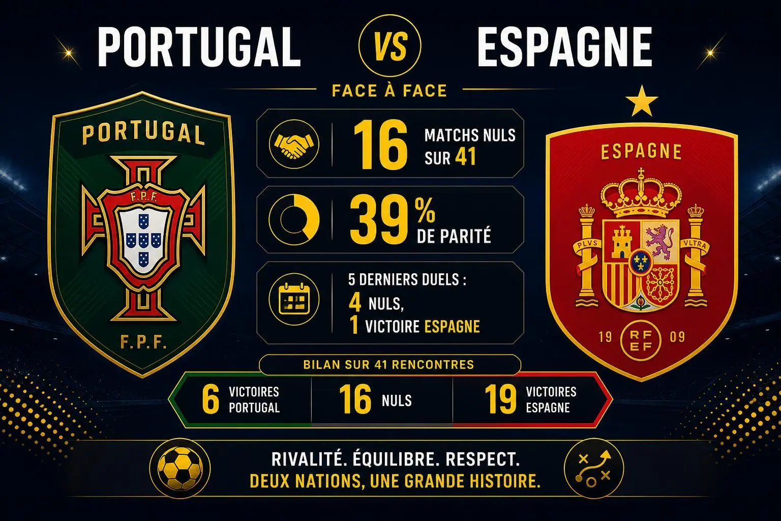 Portugal vs Espagne : affichage d’un duelo face à face avec logos et score contemporain, profil des deux nations, et indicateurs de nul et de Parité. Portugal espagne pronostic intégré.