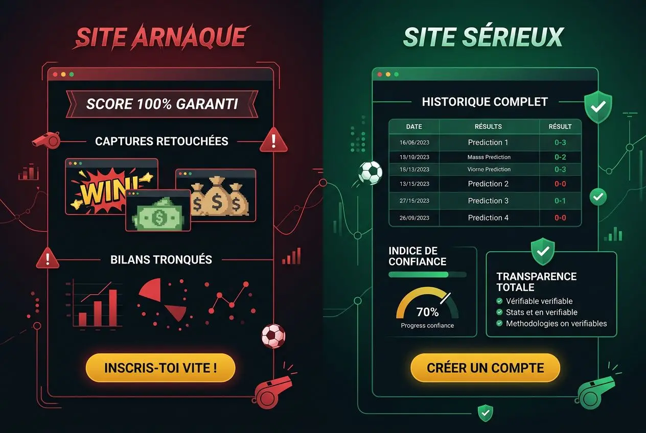 Pronostic score exact ligue des champions : interface graphique split en sites “arnaque” et “sérieux” avec graphs et tableaux.