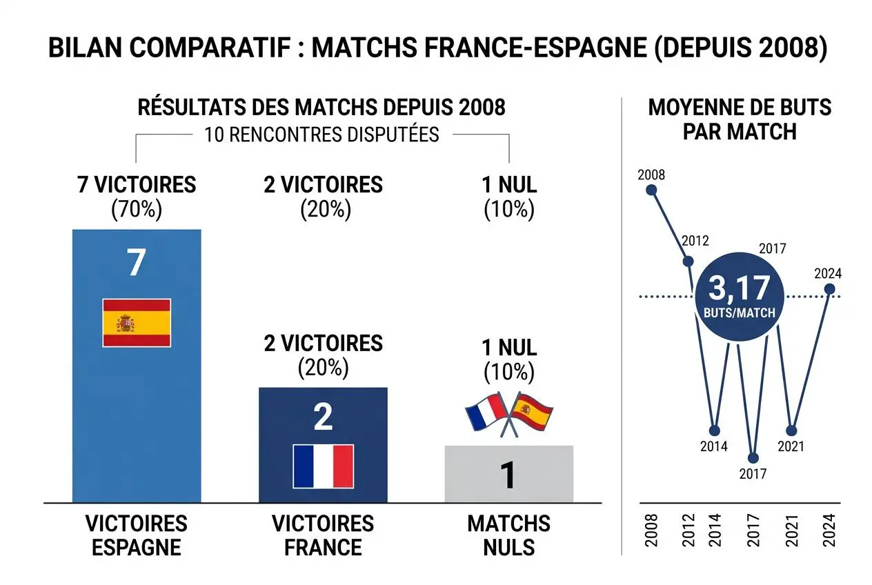Rapport visuel: récapitulatif France-Espagne depuis 2008 avec 7 victoires Espagne, 2 victoires France et 1 nul; moyenne de buts 3,17 par match et une courbe des résultats. pronostic france espagne foot intégré.