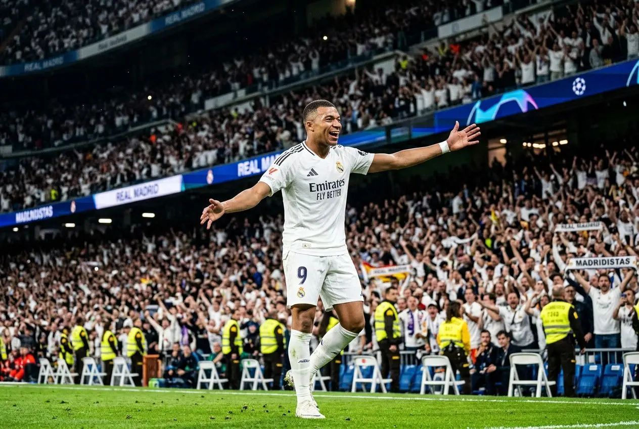Real Madrid célébrant Mbappé sur le terrain, bras ouverts, maillot blanc; public enthousiaste en arrière-plan. pronostic mbappé buteur intégré naturellement.