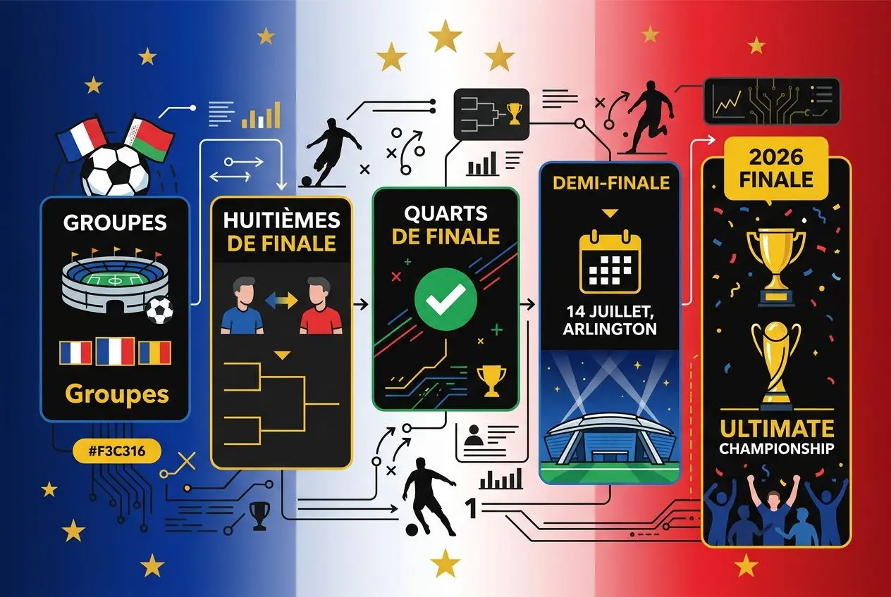 Résultat France Maroc 2026 : illustration graphique des étapes du tournoi menant à la demi-finale et à la finale, avec les bleus en route vers l’ultime championnat.