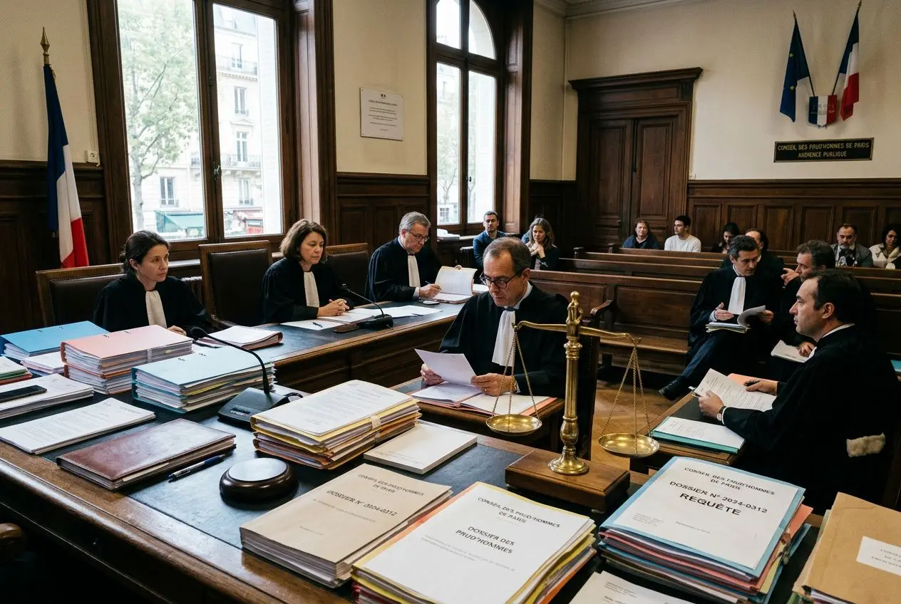 Salle d’audience avec des avocats et juges autour d’une table, piles de documents et balance de la justice sur le bureau. Affaire mbappé contre le psg évoquée par le contexte.