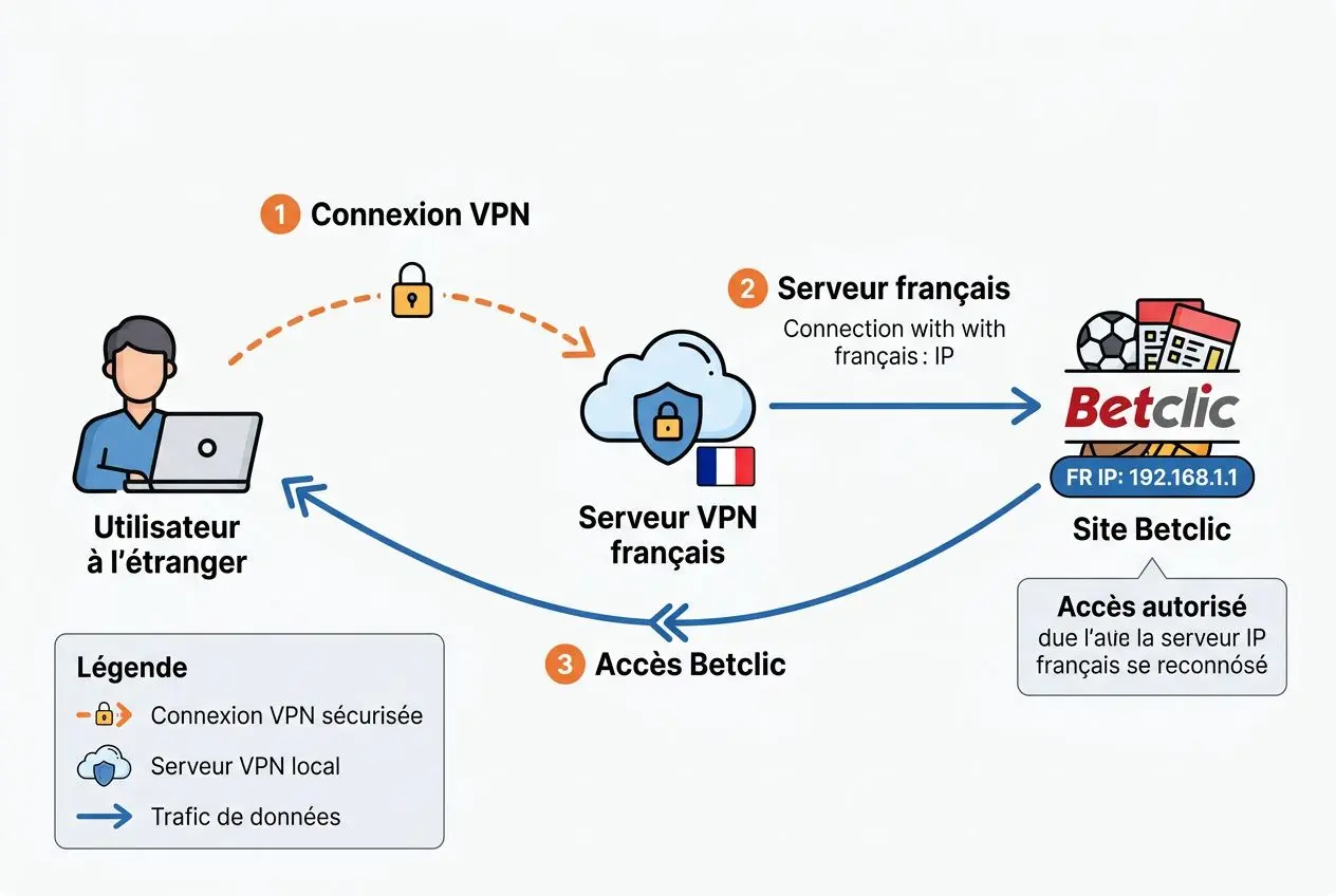 Schéma explicatif d’un utilisateur à l’étranger se connectant via VPN pour accéder au site Betclic français, avec étapes: connexion VPN, serveur français et accès à Betclic.