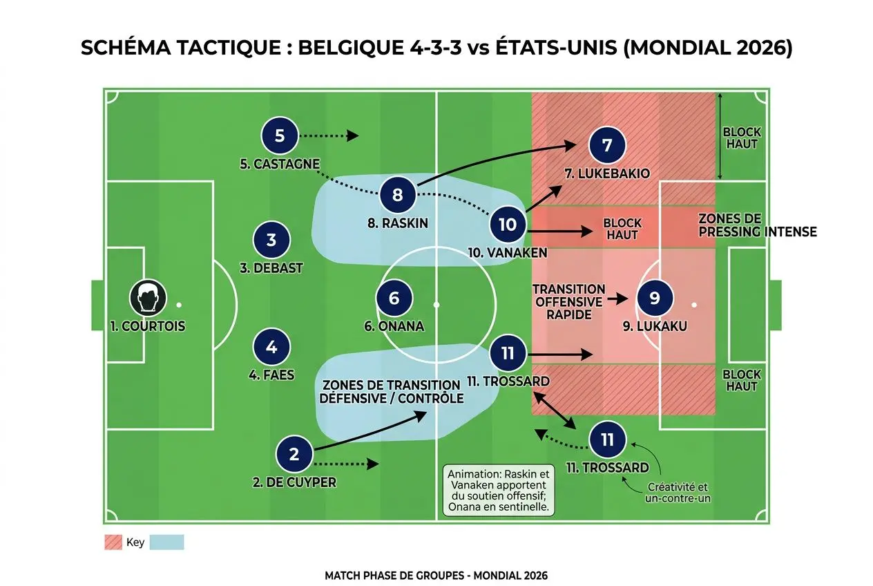 Schéma tactique montrant Belgique 4-3-3 contre États-Unis, 2026: positions et transitions offensives/défensives, avec joueurs clés et zones de pressing. intégration: comment la belgique a éliminé les états-unis.