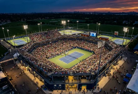 Spectacle du Masters 1000 Toronto: travée centrale avec court principal entouré de tribunes pleines et terrains de gauche et droite, ambiance nocturne éclairée par les projecteurs.