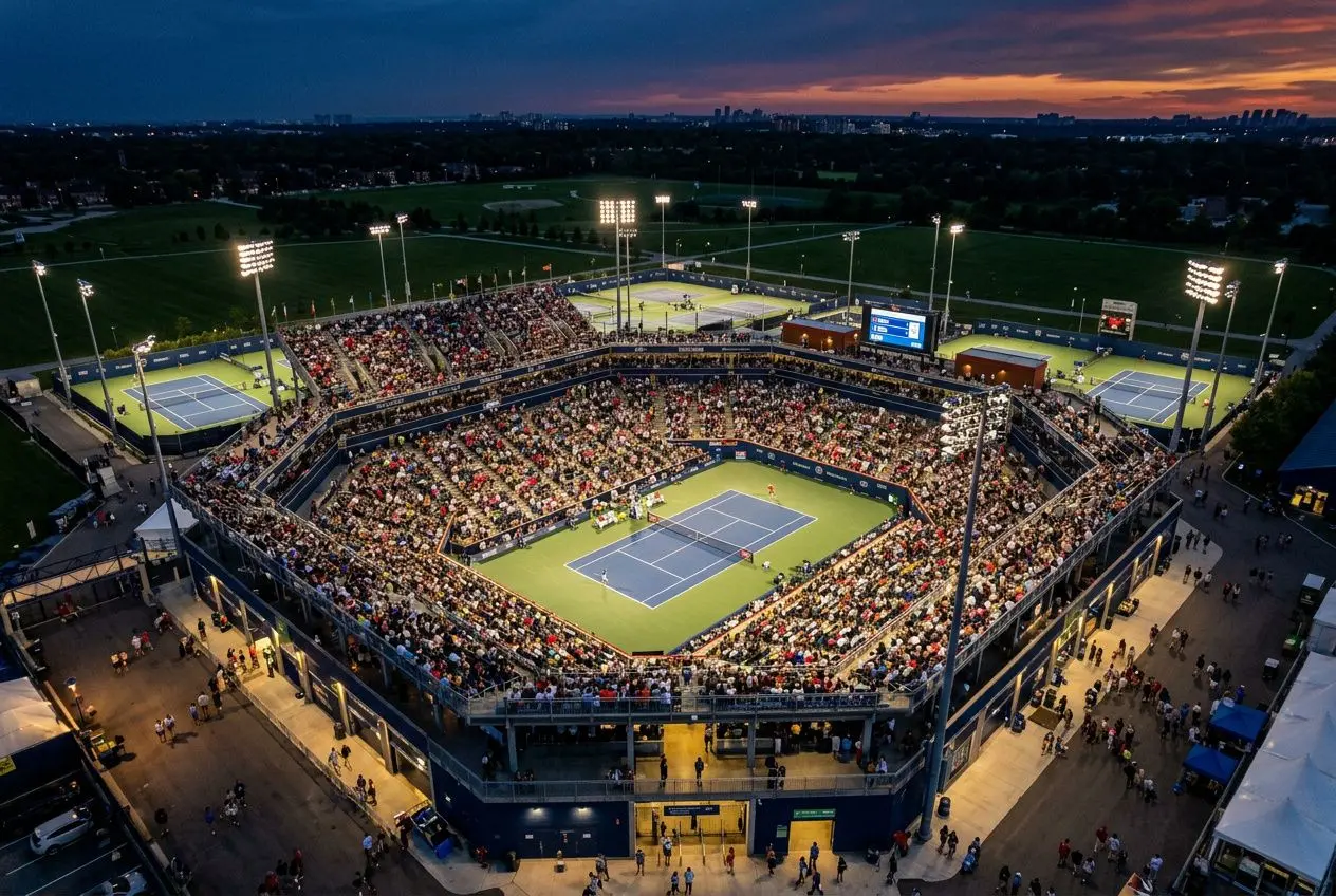 Spectacle du Masters 1000 Toronto: travée centrale avec court principal entouré de tribunes pleines et terrains de gauche et droite, ambiance nocturne éclairée par les projecteurs.
