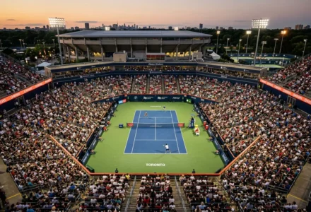 Spectacle au stade d’un tournoi ATP: court central bleu entouré de tribunes remplies et scène d’ouverture, toronto en bas du terrain. tableau master 1000 toronto 2025 inséré.