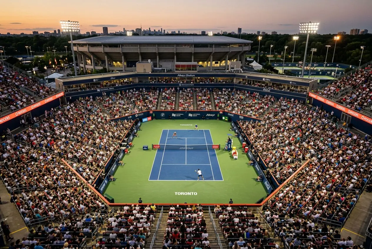 Spectacle au stade d’un tournoi ATP: court central bleu entouré de tribunes remplies et scène d’ouverture, toronto en bas du terrain. tableau master 1000 toronto 2025 inséré.