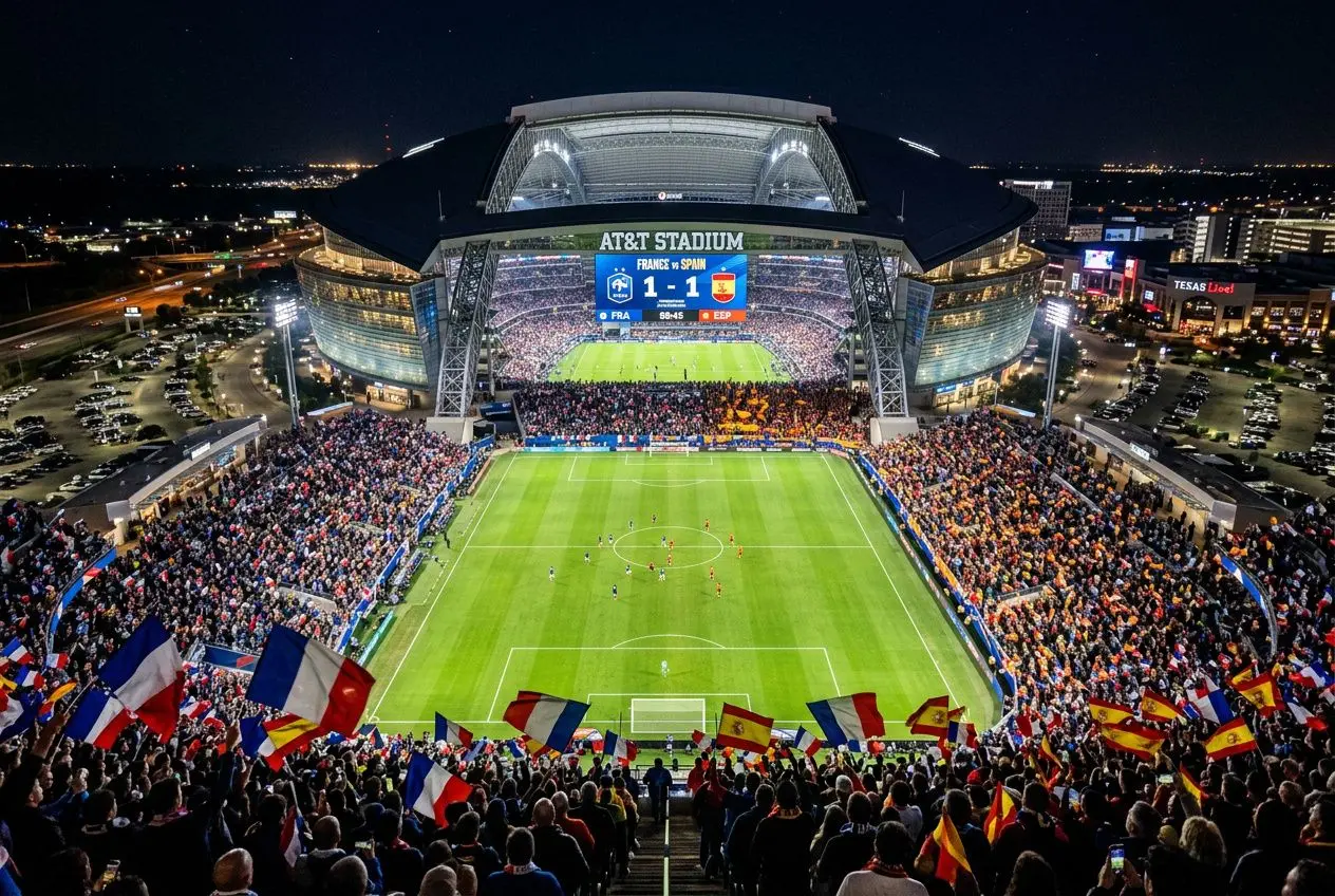 Stade AT&T nocturne plein de drapeaux aux couleurs des fans, terrain de football éclairé et public enthousiaste pour un match Espagne-France. prédiction france espagne match intégrée.