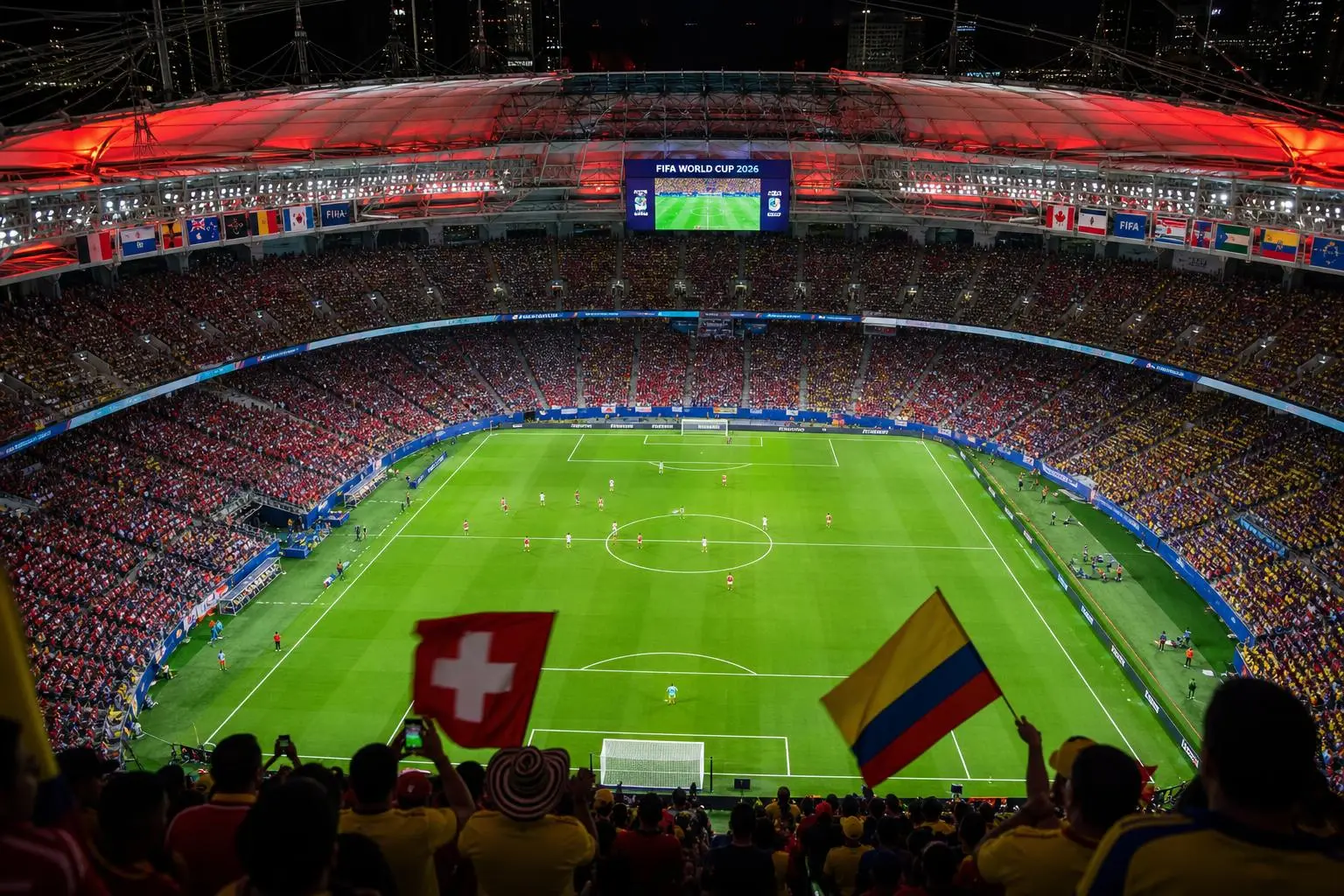 Stade bondé en coupe du monde: vue plongeante sur le terrain vert, supporters agitant des drapeaux Colombie et Suisse, ambiance festive. Résultat colombie suisse en perspective.