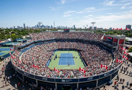 Stade central d’un tournoi de tennis en plein air à Toronto, tribunes bondées autour d’un court, drapeaux canadiens et vue urbaine en arrière-plan. pronostic masters 1000 toronto intégré naturellement.