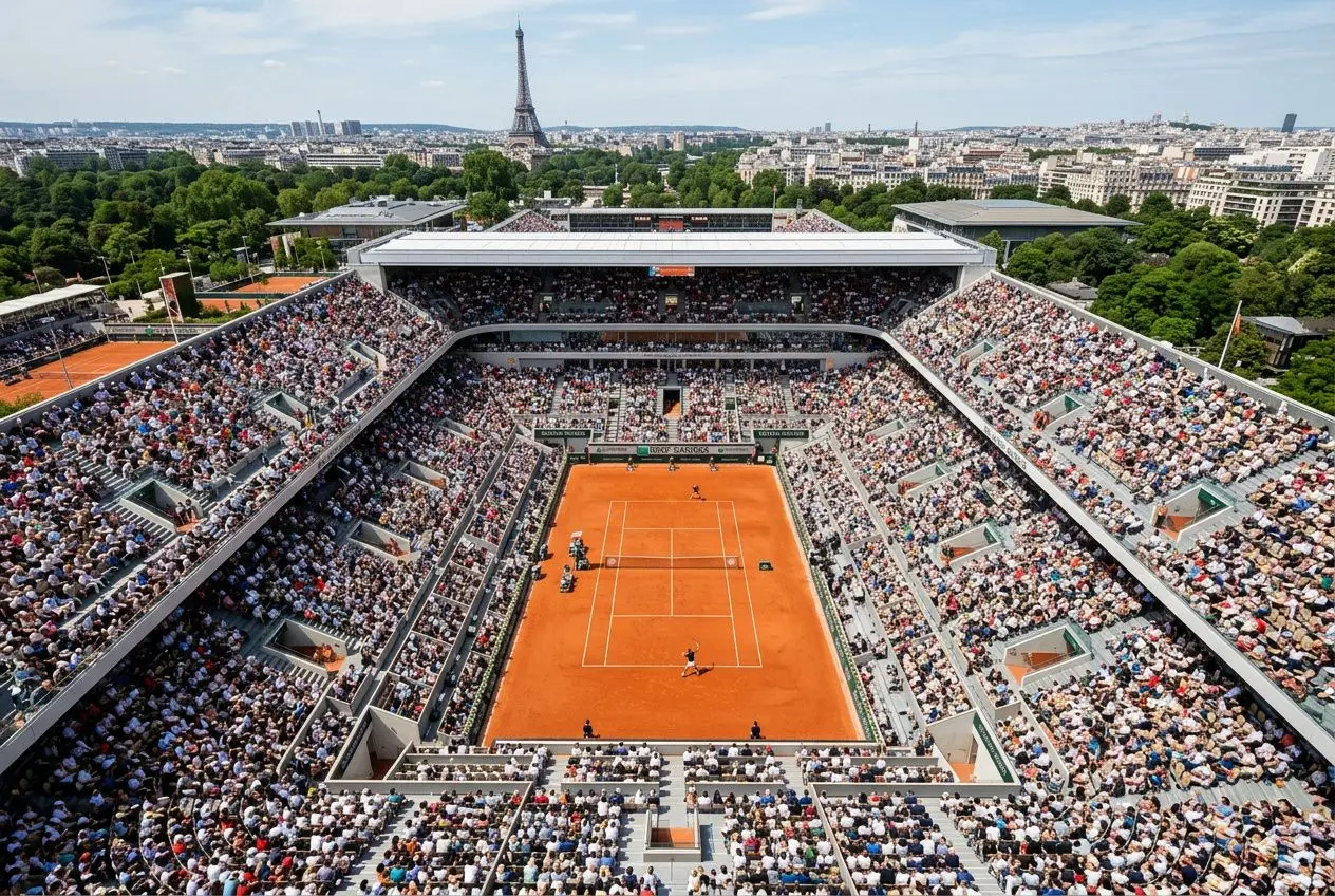 Stade central de tennis rouge, entouré de tribunes pleines, vue aérienne d'un tournoi sur terre battue à Paris, avec la tour Eiffel à l'horizon. Calendrier tennis 2026 intégré.