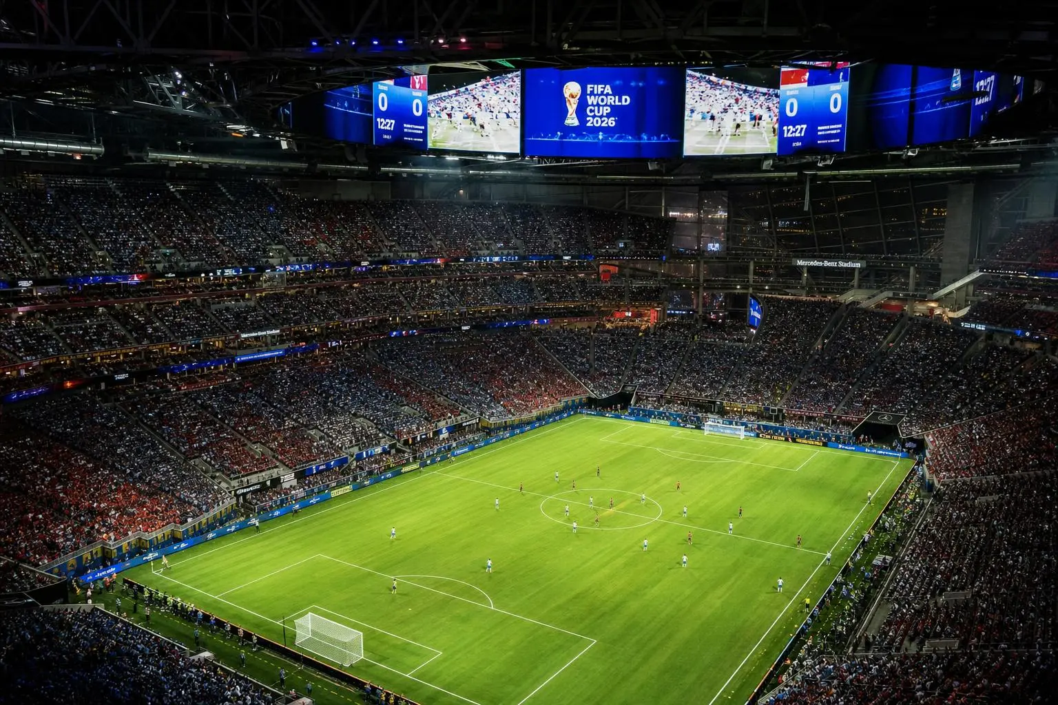 Stade emblématique rempli de spectateurs, vue panoramique du match argentine Égypte en cours, écran géant affichant le décompte et l’action sur le terrain, ambiance intense. Analyse match argentine égypte intégrée naturellement.