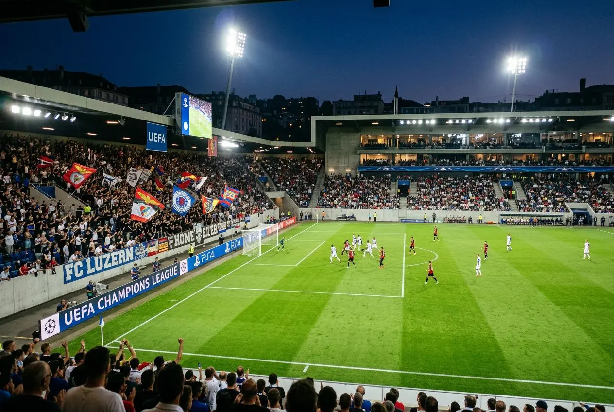 Stade de football bondé lors d’un match, tribunes remplies et supporters agitant des drapeaux, ambiance Euro UEFA. proximité du terrain et panneaux publicitaires. Intègrez le mot-clé dans le descriptif de manière fluide.