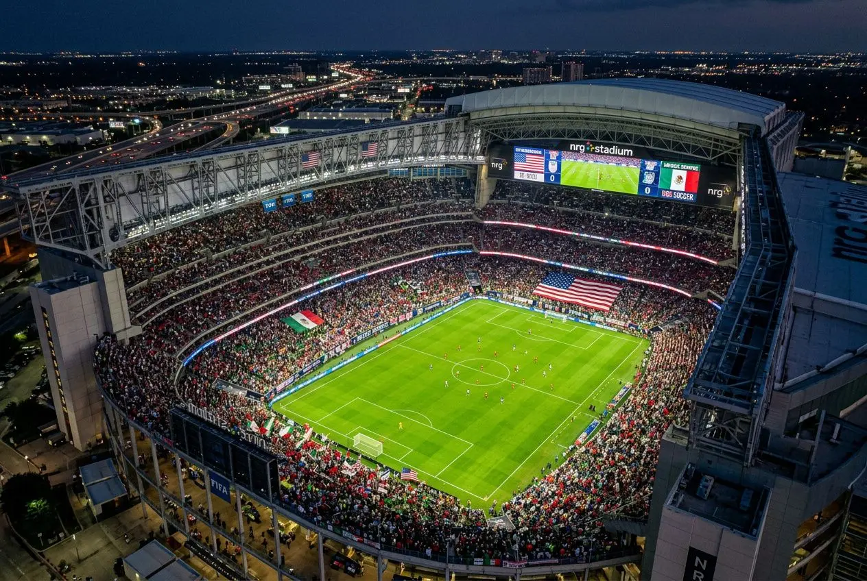 Stade de football plein lors d’un match nocturne, vue aérienne panoramique sur le terrain vert et les tribunes comblées. pronostic canada maroc est évoqué par le contexte.