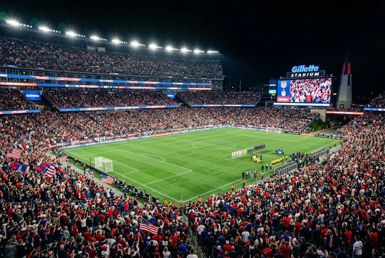 Stade rempli de supporters lors d’un match nocturne, tribunes couleurs et écran géant affichant la foule et le terrain. pronostic france maroc coupe du monde fifa 2026 intégré naturellement.