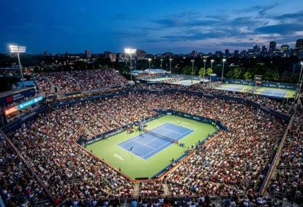 Stade de tennis nocturne à Montréal, court central entouré de tribunes pleines et des spectateurs, ambiance du National Bank Open. pronostic tennis montréal intégré naturellement dans la description.