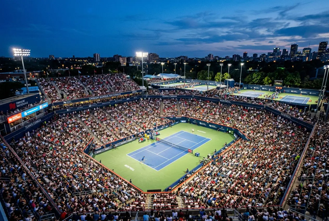 Stade de tennis nocturne à Montréal, court central entouré de tribunes pleines et des spectateurs, ambiance du National Bank Open. pronostic tennis montréal intégré naturellement dans la description.