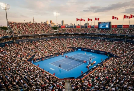 Stade de tennis rempli lors d’un tournoi ATP Masters 1000, court bleu au centre entouré de spectateurs et drapeaux canadiens. commentaire intégré: comment parier masters 1000.