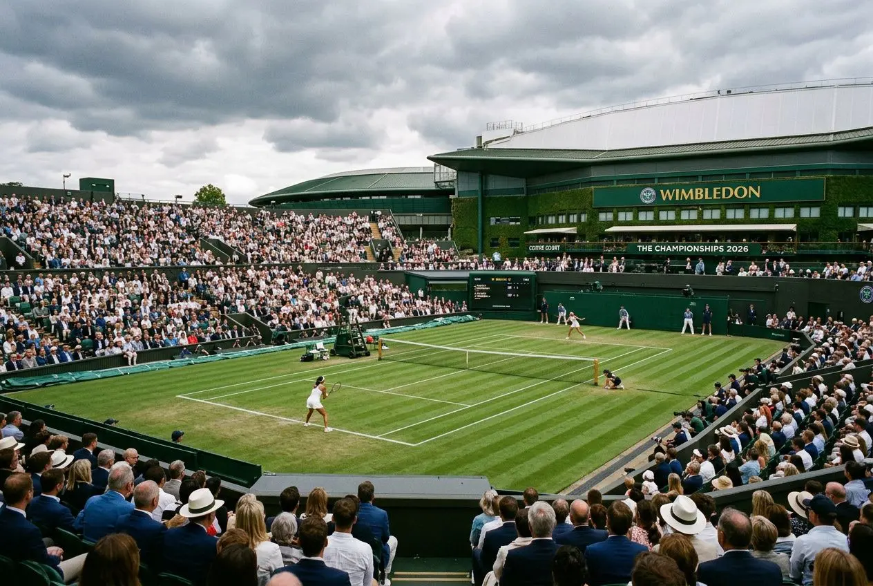 Stade de Wimbledon en plein air avec court central entouré de tribunes pleines, joueurs en action et public captivé lors du tournoi Wimbledon 2026. Conseil paris Wimbledon 2026 : pronostic et meilleures cotes.