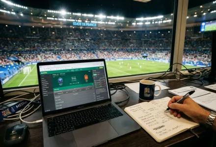 Station de commentaire sportive: ordinateur portable affichant des cotes, carnet et mug sur le bureau, fond stade éclairé et public. intégration de la méthodologie pronostic france espagne pour affiner le pronostic.