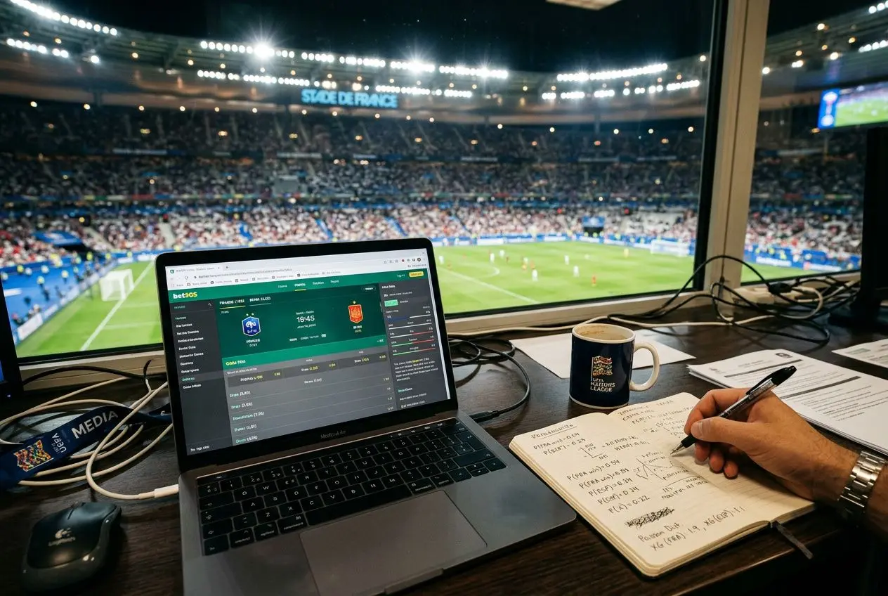 Station de commentaire sportive: ordinateur portable affichant des cotes, carnet et mug sur le bureau, fond stade éclairé et public. intégration de la méthodologie pronostic france espagne pour affiner le pronostic.