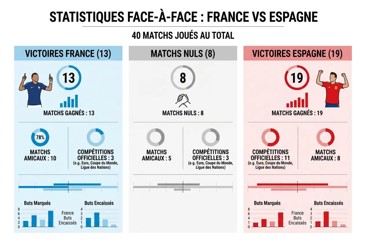 Statistiques face-à-face France vs Espagne: 40 matches joués au total, avec victoires France (13), matchs nuls (8) et victoires Espagne (19).