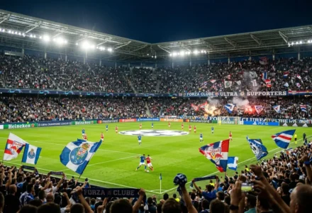 Supporters et drapeaux dans un stade nocturne lors d’un match, ambiance festive autour du terrain de football. 3ème tour préliminaire ligue des champions 2027.