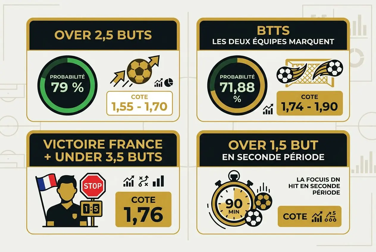 Tableau d’outils de paris: “Over 2,5 buts”, “BTTS : les deux équipes marquent”, “Victoire France + Under 3,5 buts”, et “Over 1,5 but en seconde période” avec cotes et pourcentages.