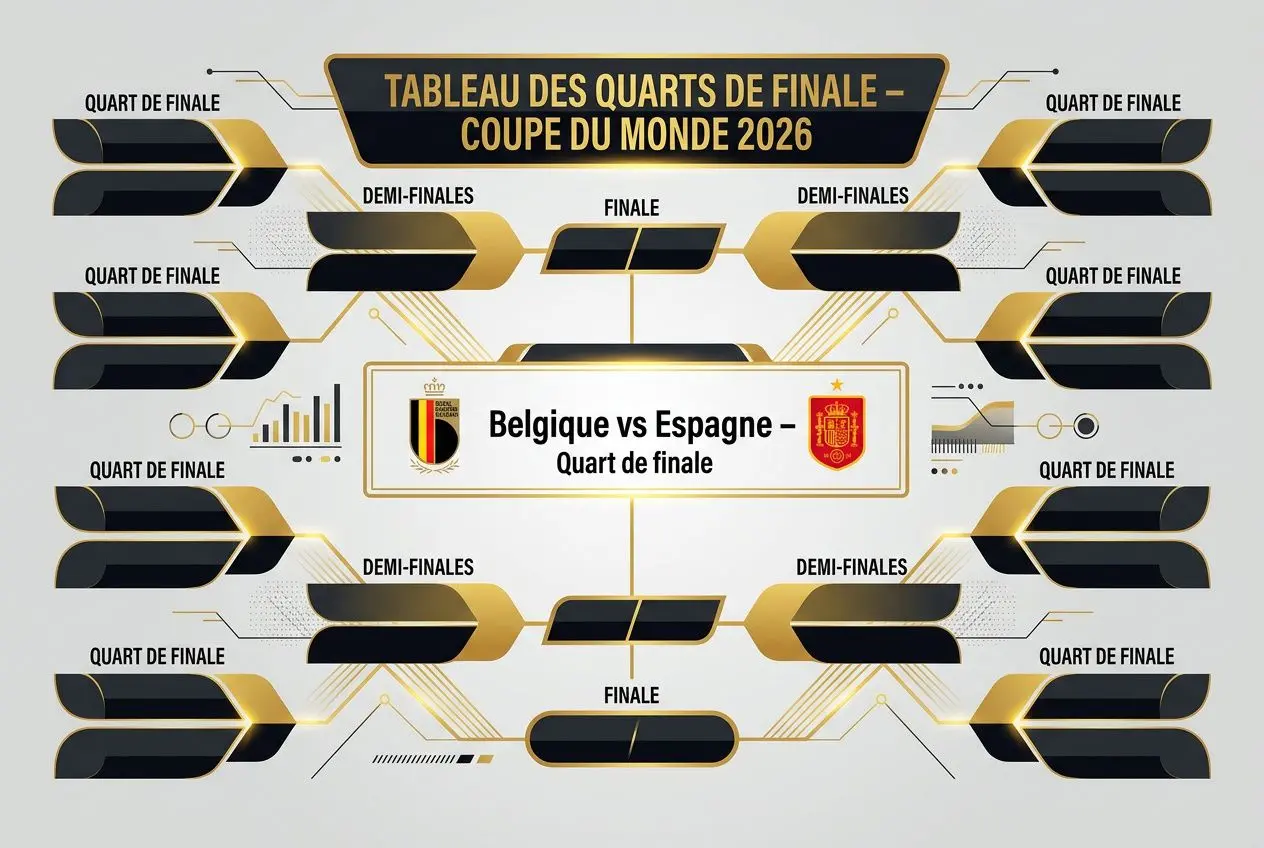 Tableau des quarts de finale du Mondial 2026 avec Belgique contre Espagne en quart de finale.