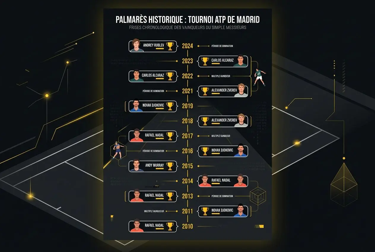 Tableau récapitulatif des résultats et palmarès du Masters 1000 Madrid, affichant les vainqueurs par année et les scores.