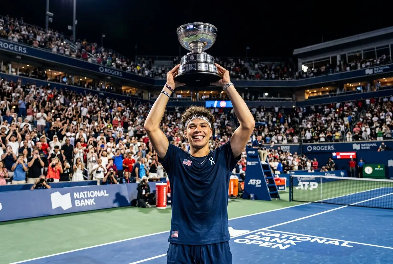 Ter 1000 Toronto 2025: Le vainqueur tient fièrement le trophée sur le court, entouré de spectateurs ravis après la finale Masters 1000 Toronto 2026.