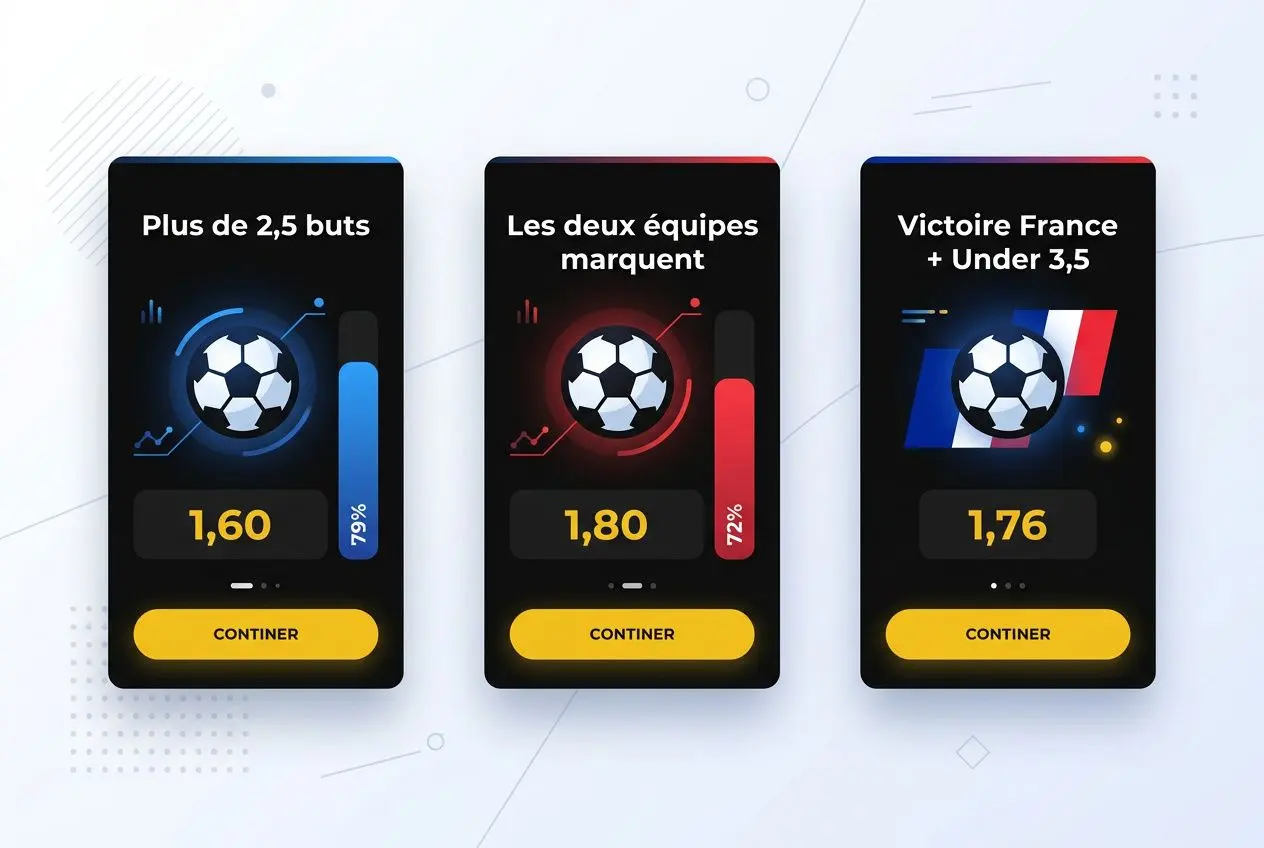 Trois écrans de paris sportifs affichent des cotes: « Plus de 2,5 buts », « Les deux équipes marquent », « Victoire France + Under 3,5 » avec des chiffres comme 1,60, 1,80 et 1,76, et un bouton « CONTINER » en jaune. comprendre les cotes france espagne intégré naturellement.