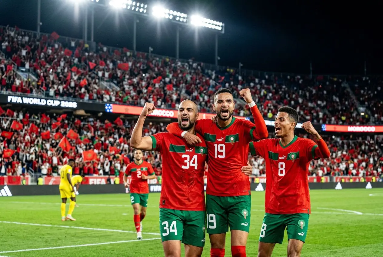 Trois joueurs marocains célèbrent un but sur le terrain de la Coupe du Monde FIFA 2026, entourés d’un public en liesse. pronostic france maroc coupe du monde fifa 2026.