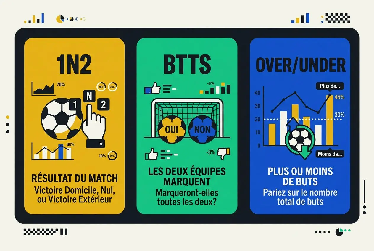Trois panneaux colorés illustrant des pronostics de football: 1N2, BTTS et Over/Under, avec icônes de ballon, cotes et graphiques. Pronostic coupe de france intégré.