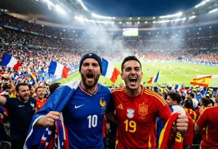 Two supporters en tribunes, drapeaux bleu-blanc-rouge et rouge, applaudissant intensément lors d’un match France-Espagne, ambiance chaleureuse et passionnée. france espagne foot historique