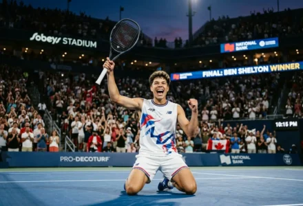Vendeur/tennisman heureux sur le court, bras levés et raquette en l’air, célébrant la victoire devant la foule à Toronto. atp toronto 2025 résultats
