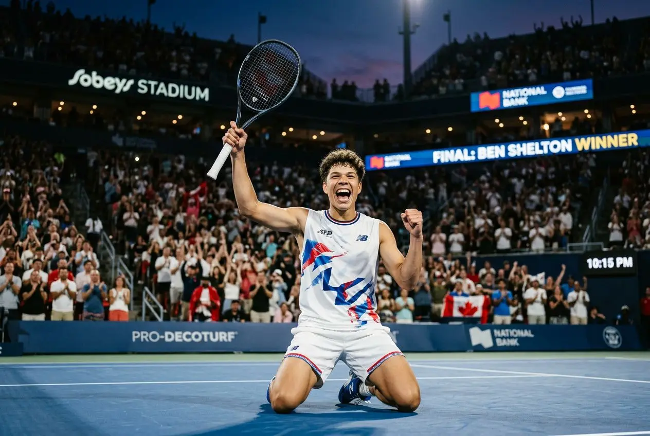 Vendeur/tennisman heureux sur le court, bras levés et raquette en l’air, célébrant la victoire devant la foule à Toronto. atp toronto 2025 résultats