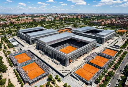 Vue aérienne du complexe La Caja Mágica Madrid avec courts en terre battue et tribunes remplies, emblème du tournoi. Résultats masters 1000 madrid visibles.