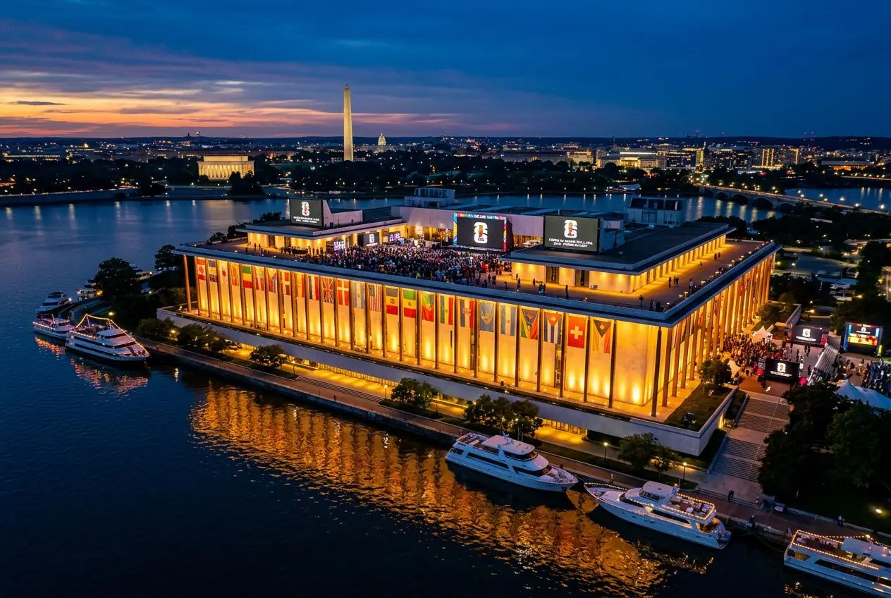 Vue aérienne d’un grand bâtiment lumineux au bord de l’eau au crépuscule, avec bateaux et drapeaux. Groupe france coupe du monde 2026 tirage.